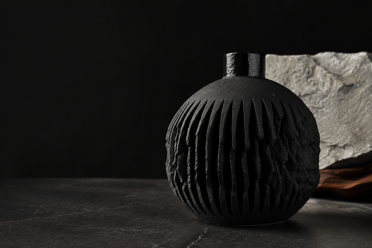 JUNIQUE handmade black ceramic gin bottle on Kras limestone